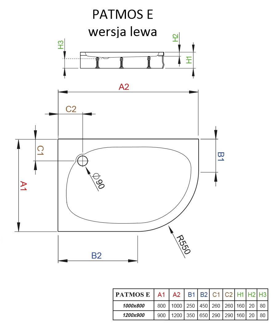 Brodzik asymetryczny Patmos E Radaway lewy schemat